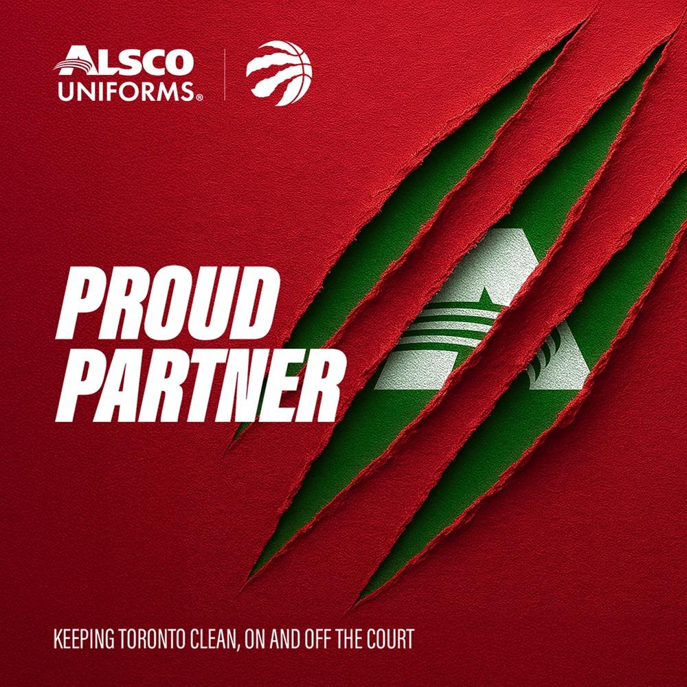 A red background with the Toronto Raptor's claw slash revealing a green and white Alsco Uniforms logo underneath. The words Proud Partner appear above the image, along with the logos for Alsco Uniforms and the Toronto Raptors.