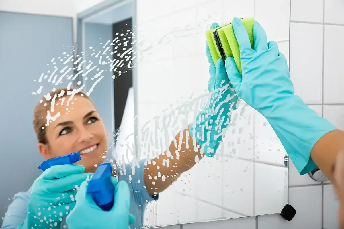 Woman smiling and cleaning a mirror