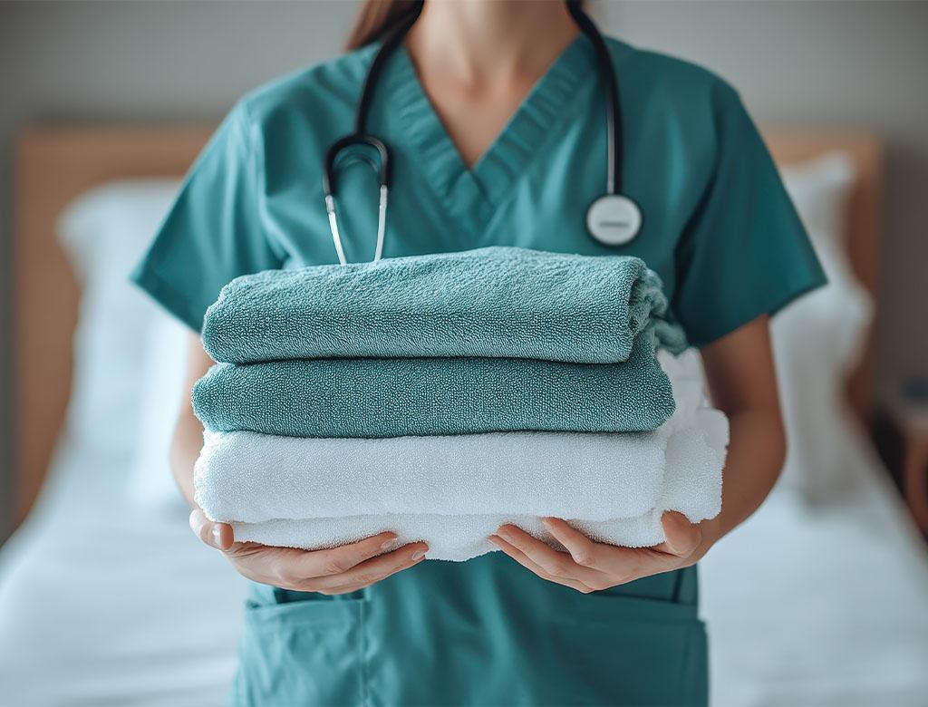 Doctor in scrubs holding healthcare linens