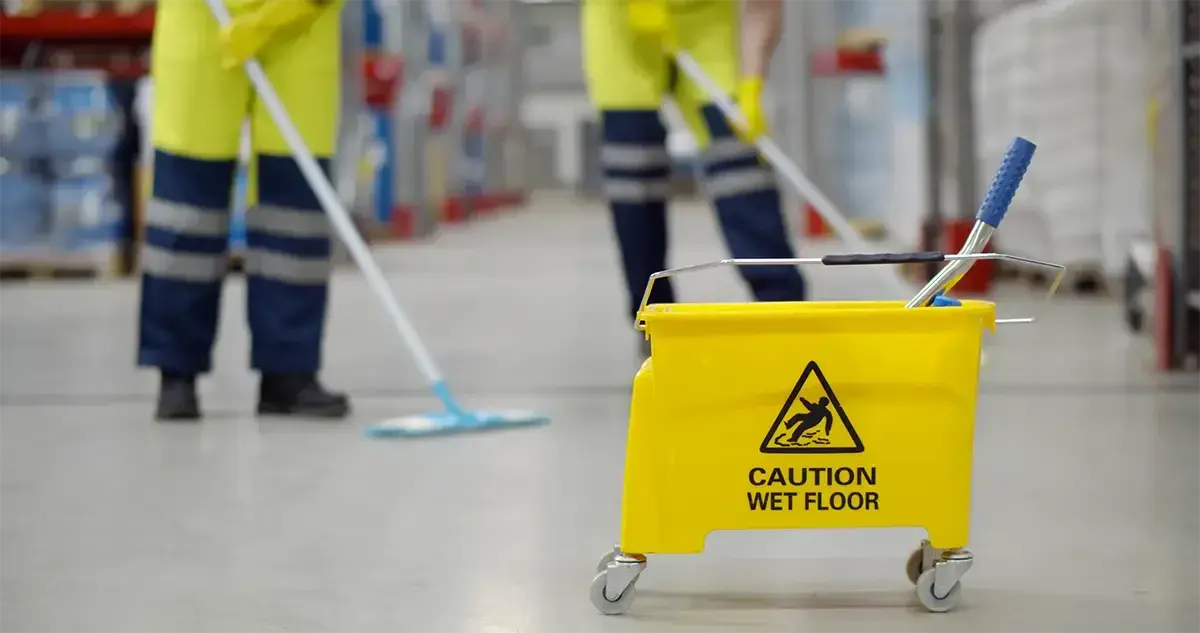 Mop and mop bucket on concrete floor