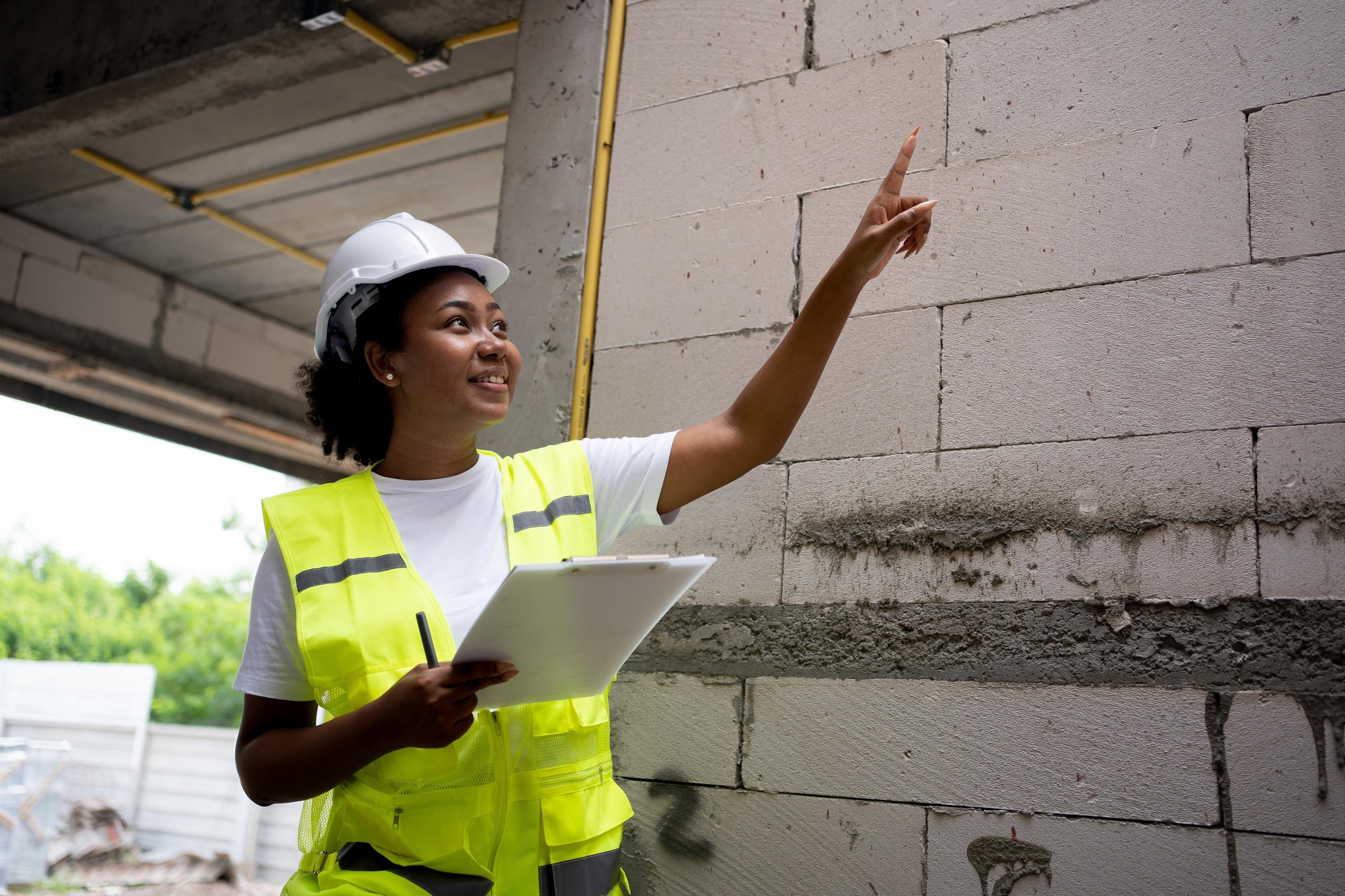 Woman in hi-viz uniform pointing upward