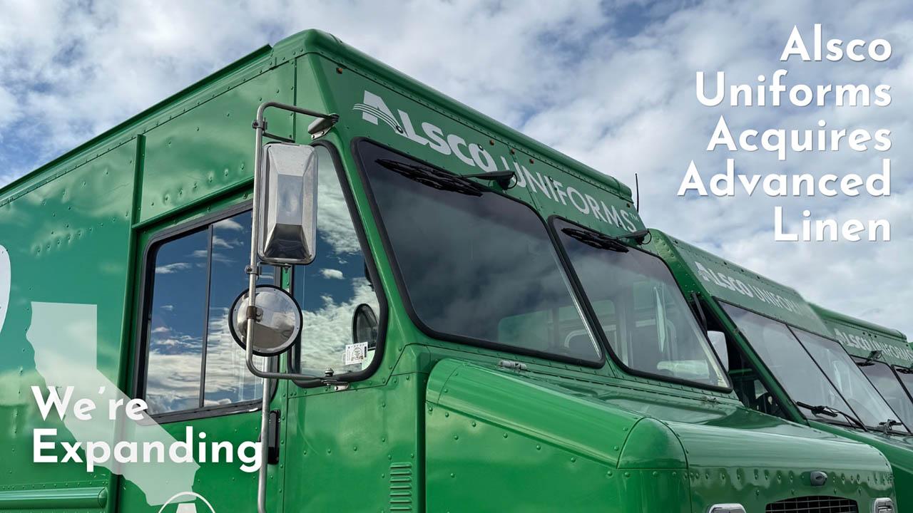 Close-up shot of an Alsco Uniforms delivery truck with the text "Alsco Uniforms Acquires Advanced Linen" and "We're Expanding" over the image.